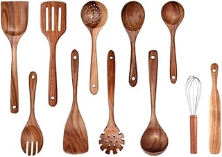 Set of 11 Wooden Cooking Utensils Including Spoons and Spatulas