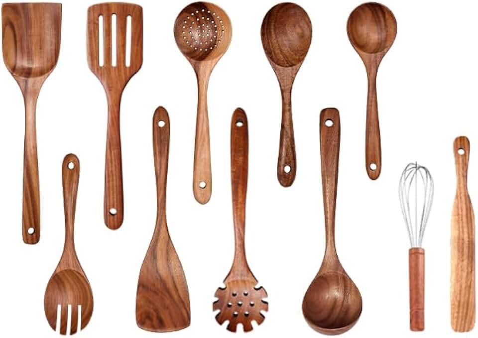 Set of 11 Wooden Cooking Utensils Including Spoons and Spatulas