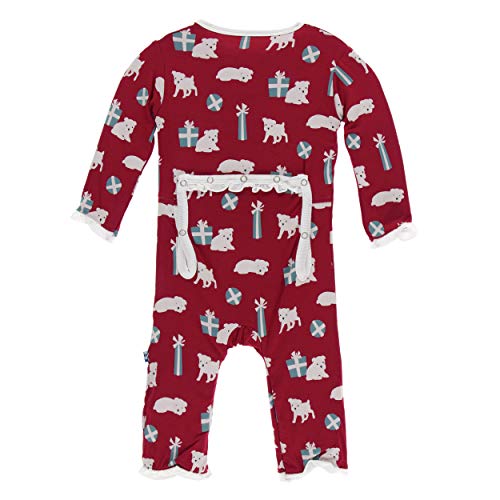 Little Girls Print Classic Ruffle Coverall with Zipper - Crimson Puppies and Presents, 0-3 Months