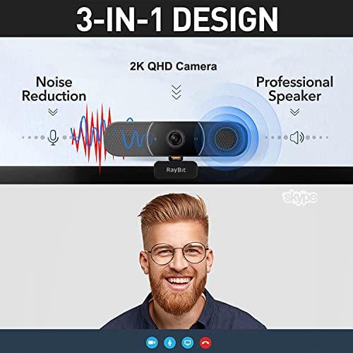 3 in 1 Webcam - 2K Webcam with Microphone and Speaker, Professional Hi-Fi Speakers & Noise Reduction Mic Arrays, Built-in Privacy Cover & w/Light Correction & Autofocus Conference Computer Camera