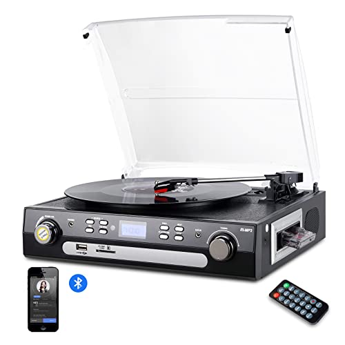 Bluetooth Record Player with Stereo Speakers, Turntable for Vinyl to MP3 with Cassette Play, AM/FM Radio, Remote Control, USB/SD Encoding, 3.5mm Music Output Jack(Black)
