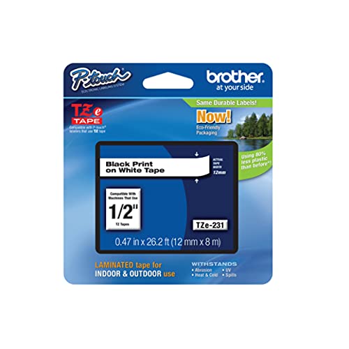 Genuine P-touch TZE-231 Tape, 1/2" (0.47") Wide Standard Laminated Tape, Black on white, Laminated for Indoor or Outdoor Use, Water-Resistant, 0.47" x 26.2' (12mm x 8M), TZE231