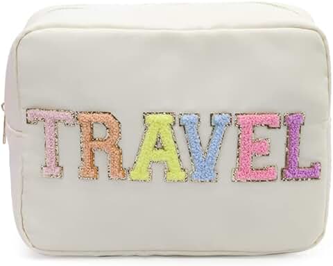Extra Large Beige Nylon Makeup Bag with Chenille Letter Patches