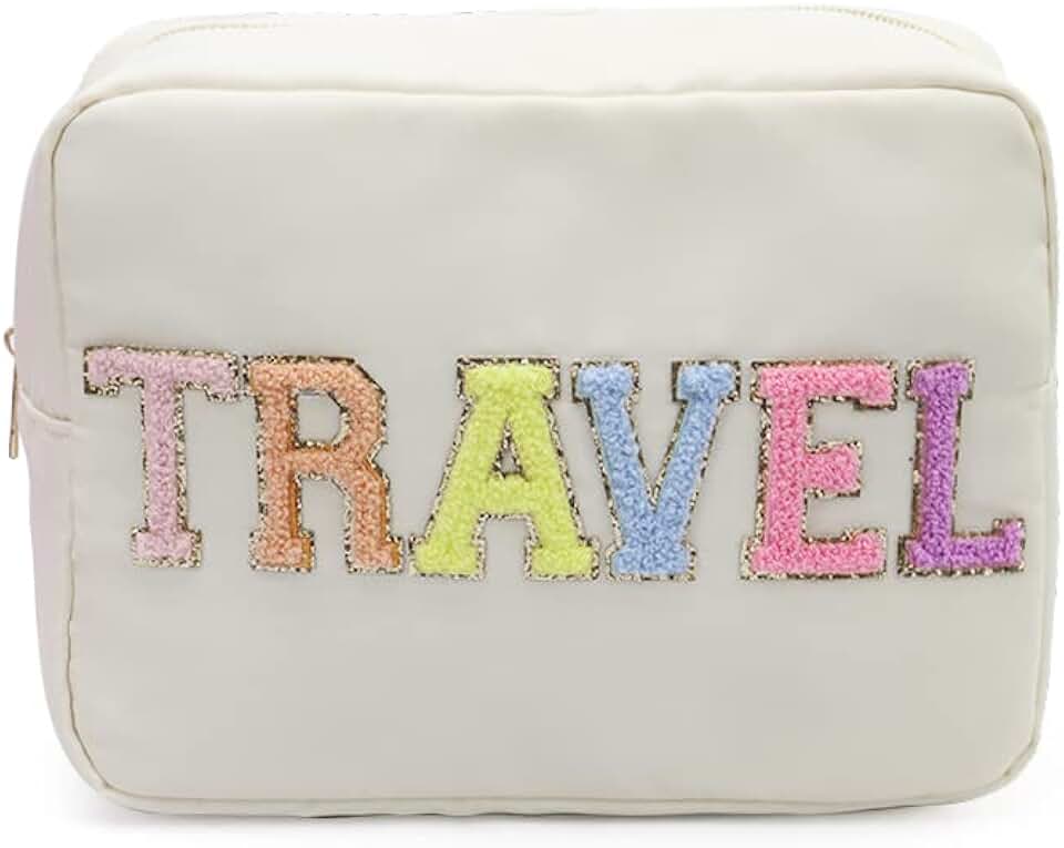Extra Large Beige Nylon Makeup Bag with Chenille Letter Patches