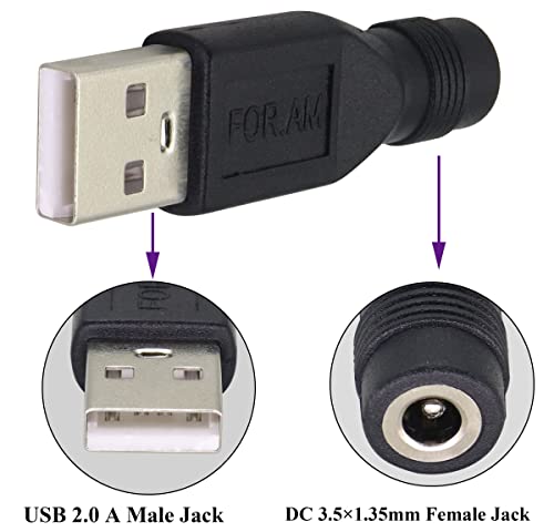 (2 Pack) USB to DC 3.51.35mm Power Adapter 5 Volt USB 2.0 A Male to DC 3.51.35 mm Female Jack DC 5V Barrel Power Plug Charger Cord Connector for 5 V DC or USB Charging Device(M/F3.51.35)