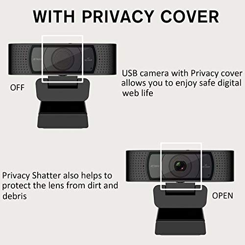 Webcam with Microphone-Computer Camera with Privacy Shutter for PC/Mac/Laptop/MacBook,USB 1080P Webcam Plug and Play,Low-Light Correction and Autofocus