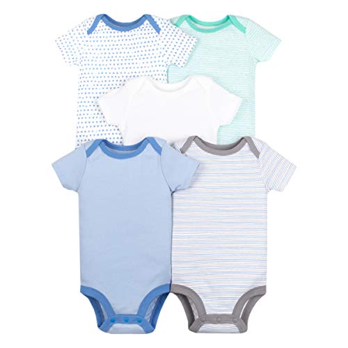 Boys Short Sleeve Cotton Bodysuit, Snap Closure, Blue Green White,