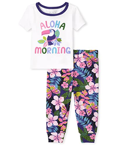 baby girls  Toddler Short Sleeve Top and Pants Snug Fit 100% Cotton 2 Piece Pajama Set, Aloha Morning, 3-6 Months US