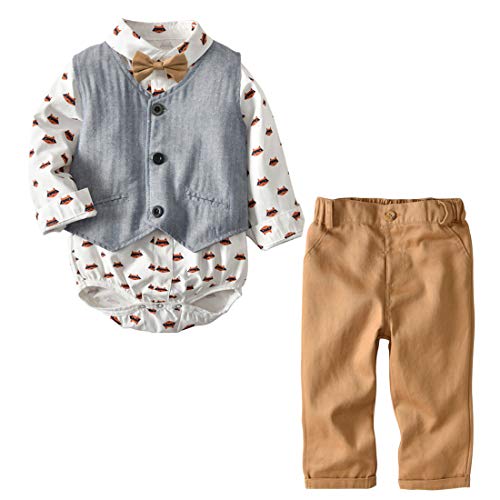 Baby Boys Long Sleeve Formal Outfit Gentleman Handsome Clothes Bowtie Cotton Suit Set Button Vest Set Cotton Button Tuxedo for Wedding Party Birthday Casual 0-6M 4PCS Brown