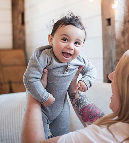 girls Romper Jumpsuit, 100%  Cotton One-piece Coverall and Toddler Footie, Heather Grey Elbow Patch Henley, 6-9 Months US