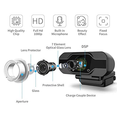 PC Webcam, 1080P Full HD Webcam USB Desktop & Laptop Webcam Live Streaming Webcam with Microphone Widescreen HD Video Webcam 90-Degree Extended View for Video Calling (HD Webcam) (Black)