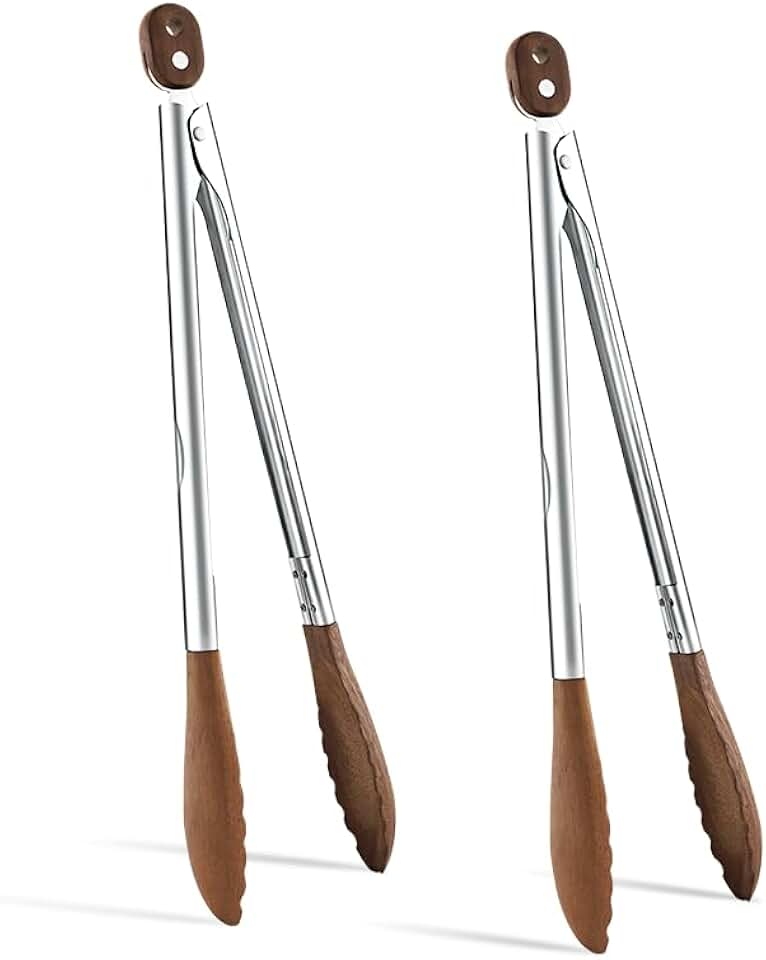 13-Inch Wooden Kitchen Tongs, 2-Pack, Stainless Steel and Walnut