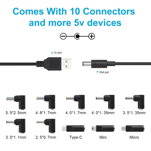 DC 5V Power Cable Replacement 5 Volt 3 Amp Power Cord with 10 Connector Tips Fit for Moon Lamp, Bluetooth Speaker, USB-HUB, Mini Fan, Tablet, Camera and More DC 5V Devices Charging Cable