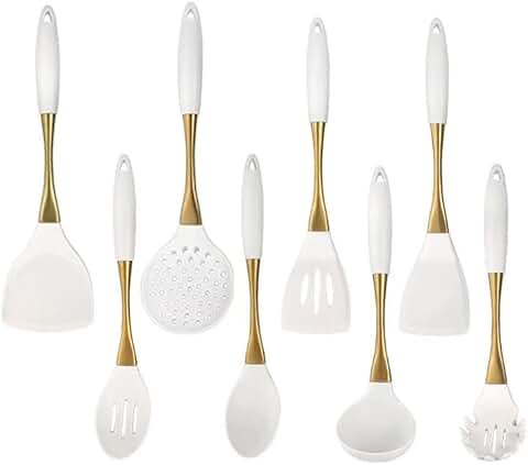 White 8-Piece Kitchen Utensil Set with Gold Handles