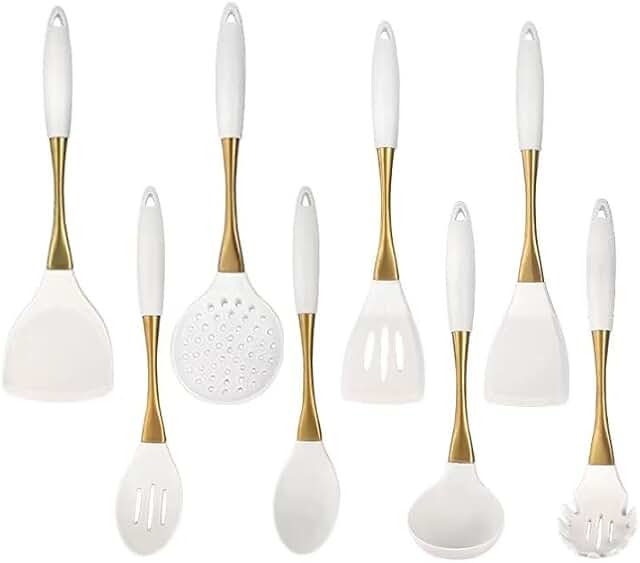 White 8-Piece Kitchen Utensil Set with Gold Handles