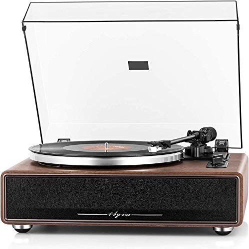 1 ONE High Fidelity Belt Drive Turntable with Built-in Speakers, Vinyl Record Player with Magnetic Cartridge, Bluetooth Playback and Aux-in Functionality, Auto Off