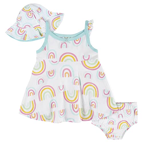 baby girls 3-piece Sundress, Diaper Cover and Hat Set Casual Dress, Rainbow Print, 0-3 Months US