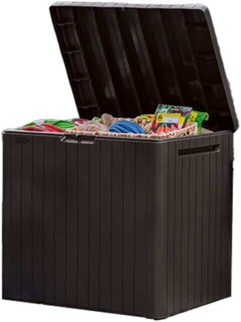 Brown 30-Gallon Resin Outdoor Storage Box and Side Table