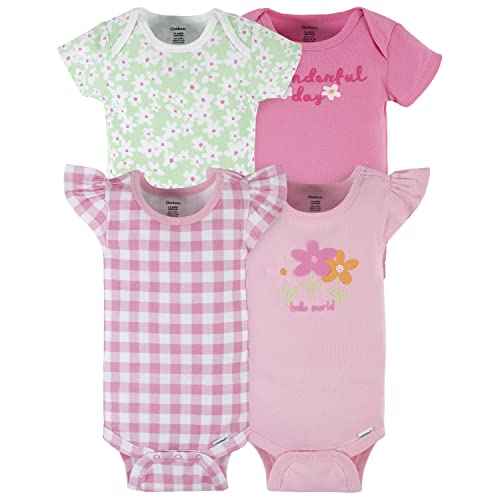 Baby Girls' 4-Pack Short Sleeve Onesies Bodysuits, Pink Flowers,