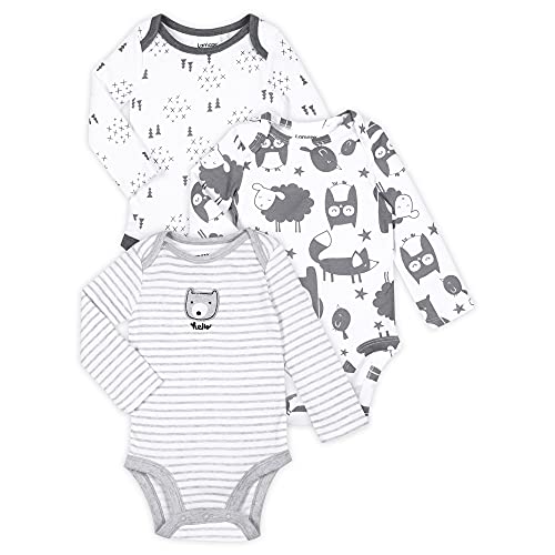 unisex  Pure  Cotton Long Sleeve Bodysuit, 3 Pack Shirt, Gray Woodland, 0-3 Months US