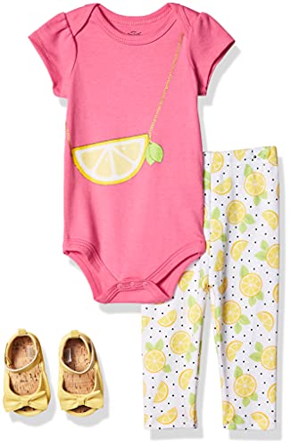 Uni  Baby Cotton Bodysuit, Pant and Shoe Set, Lemon Purse, 0-3 Months