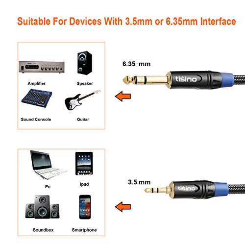 1/8 to 1/4 Stereo Cable, 3.5mm to 1/4 Adapter Aux Cord Stereo Audio Cable for Guitar, Keyboard Piano, Laptop, Home Theater Devices, Speaker and Amplifiers -Nylon Braid 3ft