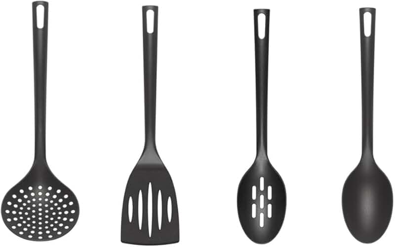 Flexible nylon kitchen utensil set with slotted turner spoon and skimmer