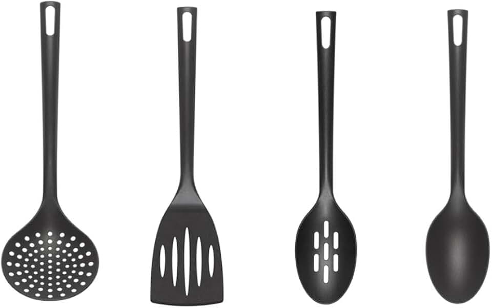 Flexible nylon kitchen utensil set with slotted turner spoon and skimmer