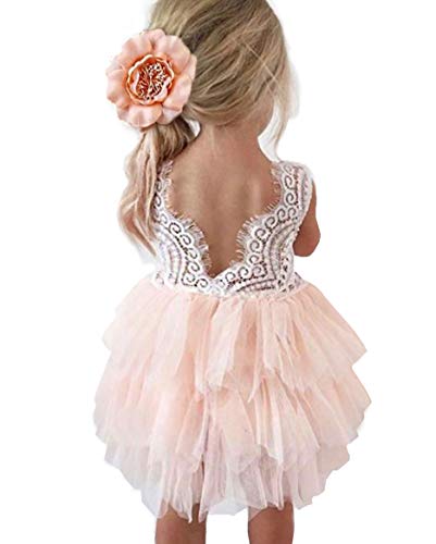 Backless A-line Lace Back Flower Girl Dress, #1 Pink, 0-6 Months