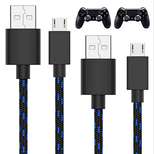 PS4 controller charging cable, 10-foot braided micro USB, black, pack of 2
