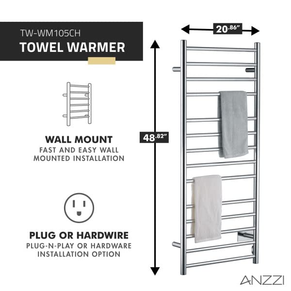 Elgon 14-Bar Stainless Steel Wall Mounted Towel Warmer Rack in Polished Chrome  160W Quick Warming ETL Tower Heater Rail  Hardwired Plug-in Towel Dryer  TW-WM105CH