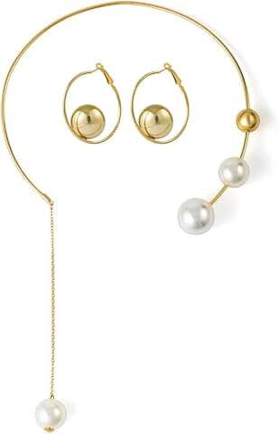 Minimalist Pearl and Ball Chain Necklace and Earrings for Women