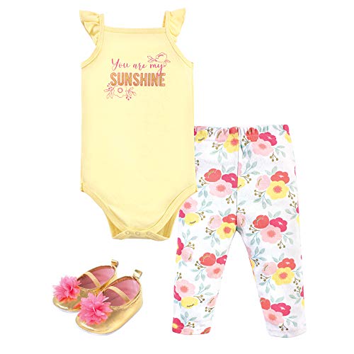 Uni  Baby Cotton Bodysuit, Pant and Shoe Set, Sunshine, 0-3 Months