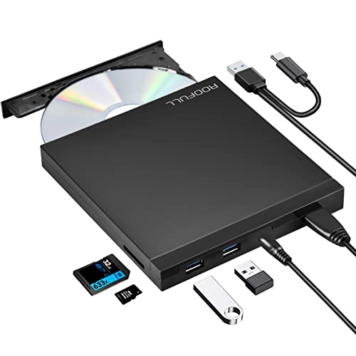 External CD/DVD +/-RW Drive USB 3.0 Type-C with USB Ports and SD Reader, Portable DVD CD ROM Burner Optical Disc Drive Player Reader Writer for MacBook Pro, Air, iMac, Windows 11/10/8/7 Laptop