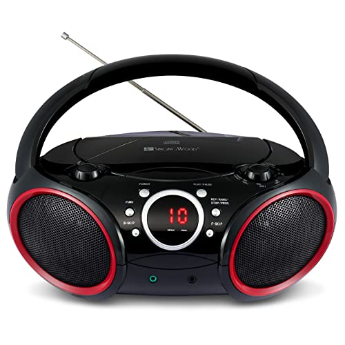 030C Portable CD Player Boombox with AM FM Stereo Radio, Aux Line in, Headphone Jack, Supported AC or Battery Powered (Black with a Touch of Red Rims)