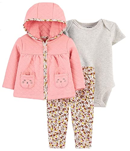 Baby Girls 3 Piece Cardigan Bodysuit and Pants Set (Cute N Comfy, 6 Months)