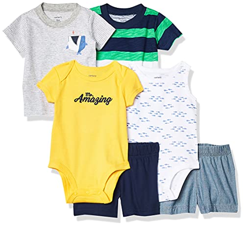 Carter s Baby Boys  6-Piece Bodysuit Tee and Short Set, Grey Shark Green Navy Stripe, 3 Months