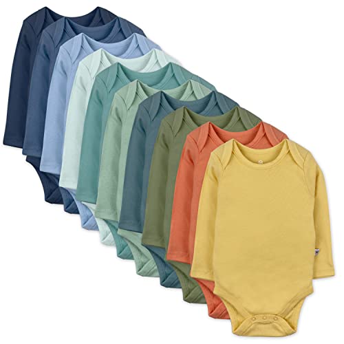 Baby 10-Pack  Cotton Long Sleeve Bodysuits, Rainbow Gems Blues, 0-3 Months