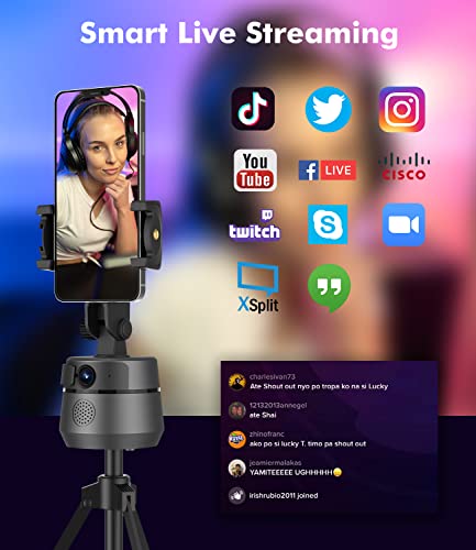 Auto Face Tracking 1080P Webcam with Microphone Tripod and Privacy Cover, 360 Rotation Shooting Mount Phone Holder for Vlog, Live Streaming, Video Conference, No App Required No Bluetooth (Grey)