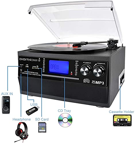 Bluetooth Record Player Turntable with Stereo Speaker, LP Vinyl to MP3 Converter with CD, Cassette, Radio, Aux in and USB/SD Encoding, Remote Control, Audio Music Player Built in Amplifier