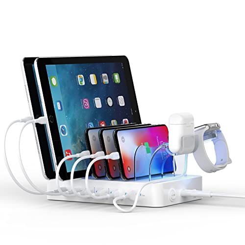 6-Port USB-C Charging Station for Multiple Devices,2 PD 20W Fast Charging for lPhone 13/12,8pcs USB Charging Cables and 1pcs Upgraded Holder for iWatch Charger & Airpods Included