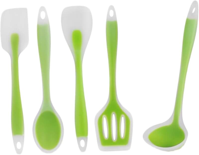 Six-piece stainless steel cooking utensil set with ergonomic handles