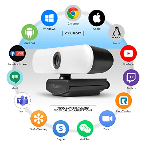 4K HD Ring Light Webcam with Dual Stereo Noise Cancelling Mics, Adjustable Light, Auto Focus, Built-in Tripod Mount, Universally Compatible