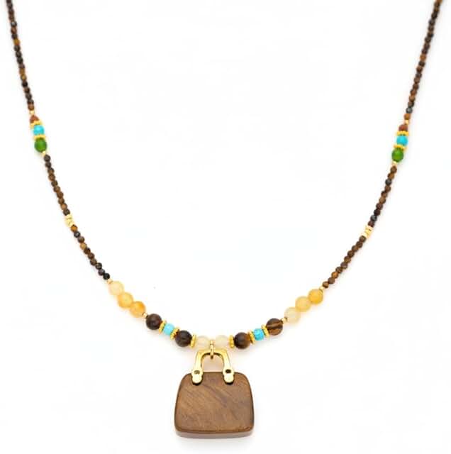 Beaded Tiger Eye Necklace with Bag Charm for Women
