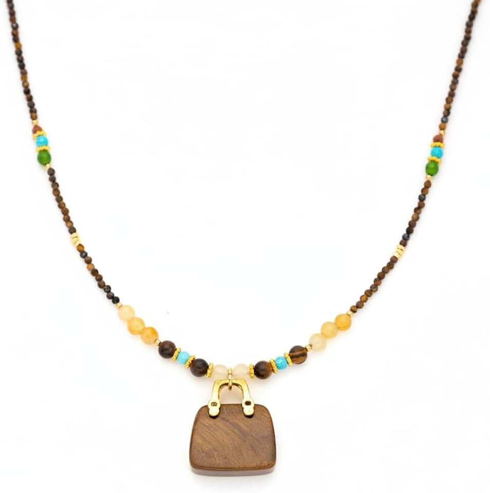 Beaded Tiger Eye Necklace with Bag Charm for Women
