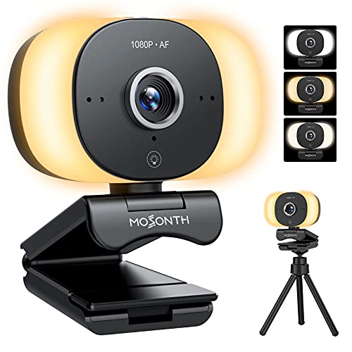 60FPS 1080P Webcam with Microphone,Autofocus Computer Camera with 3 Light Colors,Adjustable Brightness,Web Camera with Built-in Privacy Cover,Tripod,Streaming Webcam for Conferencing,Teaching