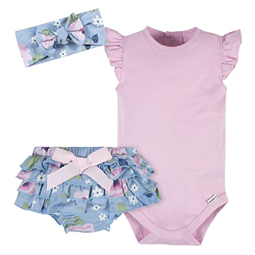 Baby Girls 3-Piece Short Sleeve Onesies, Diaper Cover & Headband Set, Blue Rose, 0-3 Months