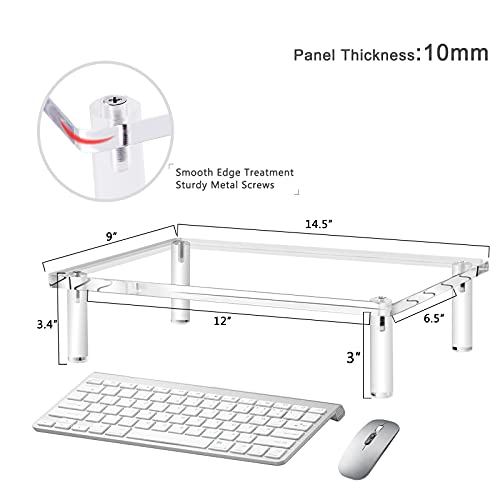 (Pack of 2) Acrylic Monitor Stand 10mm Thickness Clear Platform 14.5''(L) x 9''(W) x 3.4''(H) Ergonomic Desktop Riser for Laptop, Pc, Notebook, Printer, Computer, Flat Screen LCD TV