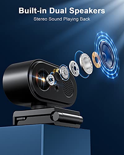 2K 1080p Webcam with Microphone and Speakers, Webcam Cover, Streaming Webcam with Ring Light, 2 Colors and 3-Level Brightness, Plug and Play Computer Camera, Web Camera for Zoom, Skype