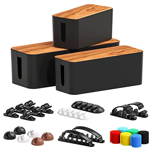 Management box set with 16 clips in large, medium, and small sizes for hiding wires and power strips in black
